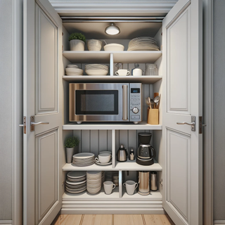 Microwave in pantry with nests of neutral dishes, mugs and plates