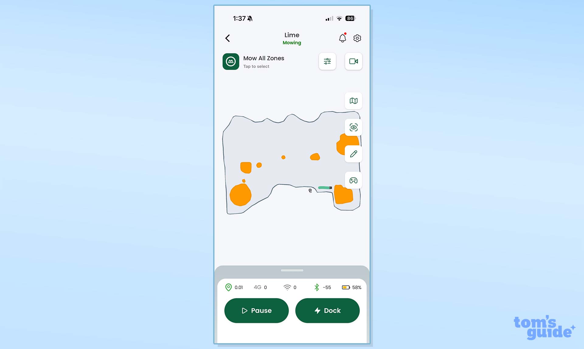 Screenshot from the Lymow One Plus robot mower app
