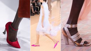 Three models wearing satin shoes on the 2024 catwalk
