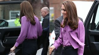 Kate Middleton wearing a Gucci purple blouse, seen from the back and front