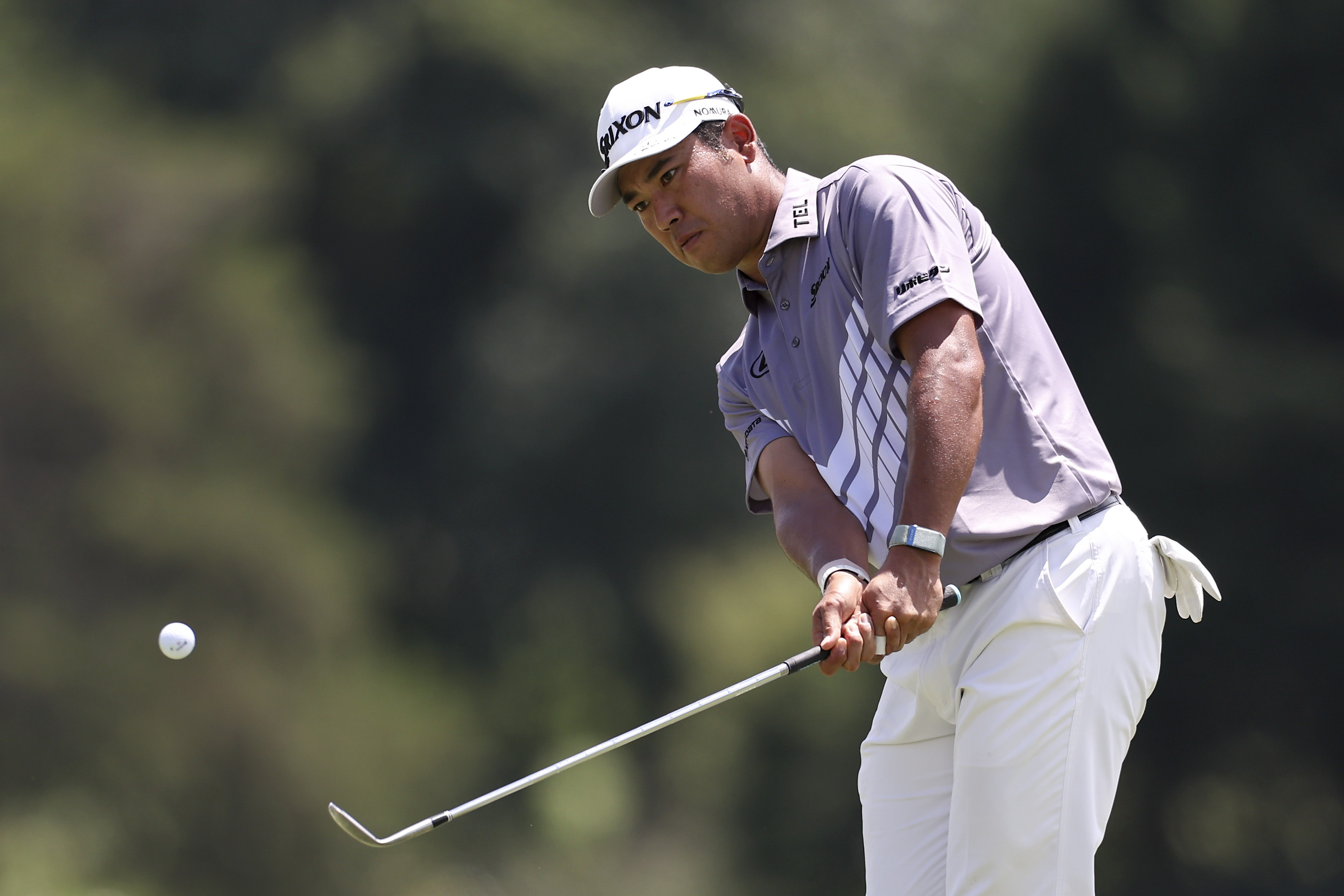 Hideki Matsuyama of Japan plays a shot on the ninth hole during the third round of the Wyndham Championship 2026 at Sedgefield Country Club (Photo by David Jensen/Getty Images)