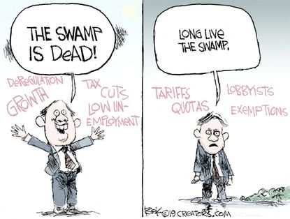 Political cartoon U.S. Trump economy swamp deregulation tax cuts unemployment tariffs lobbyists quotas