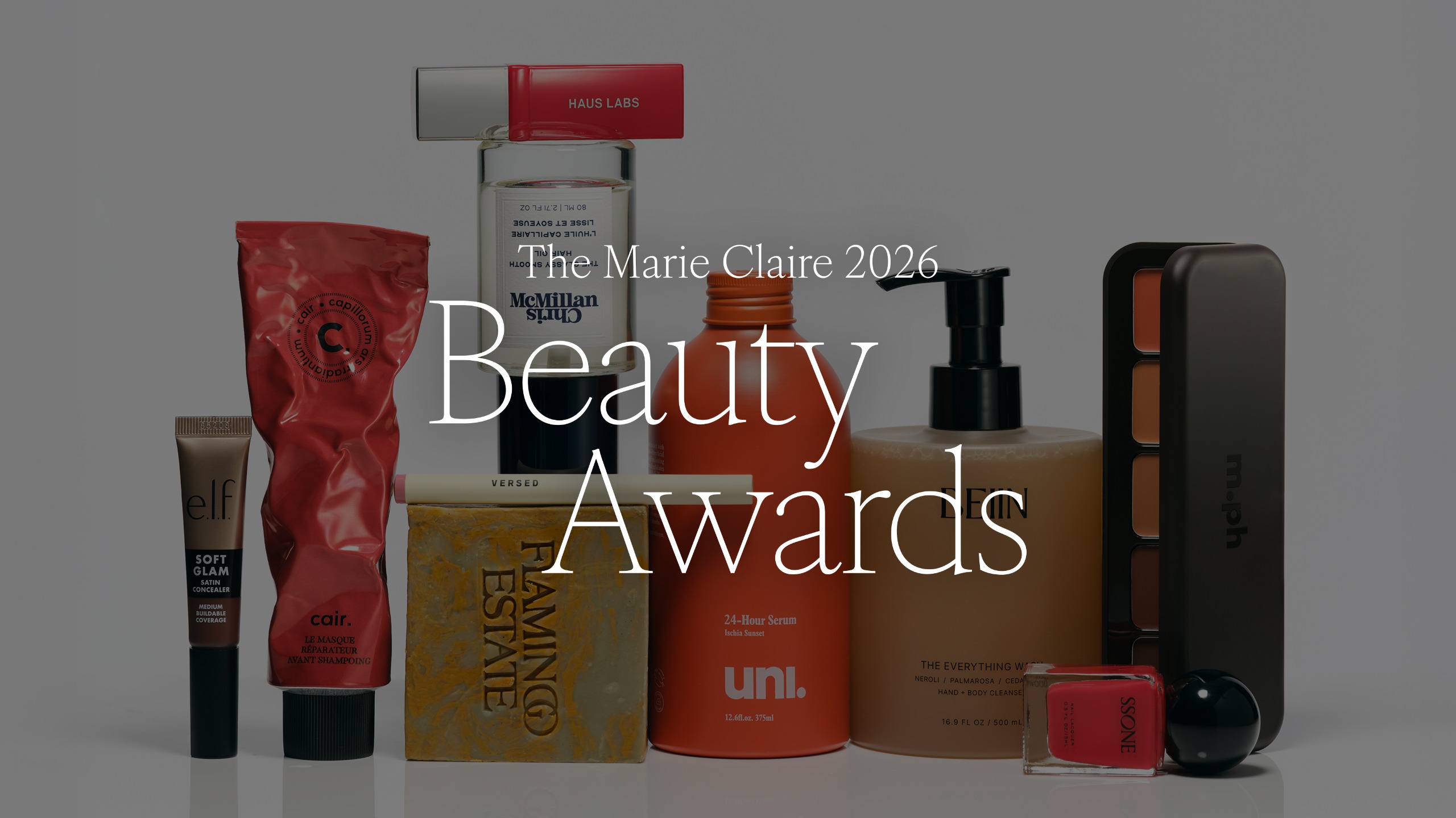 Marie Claire 2026 Beauty Awards white text overlaid in front of an array of skincare and makeup products