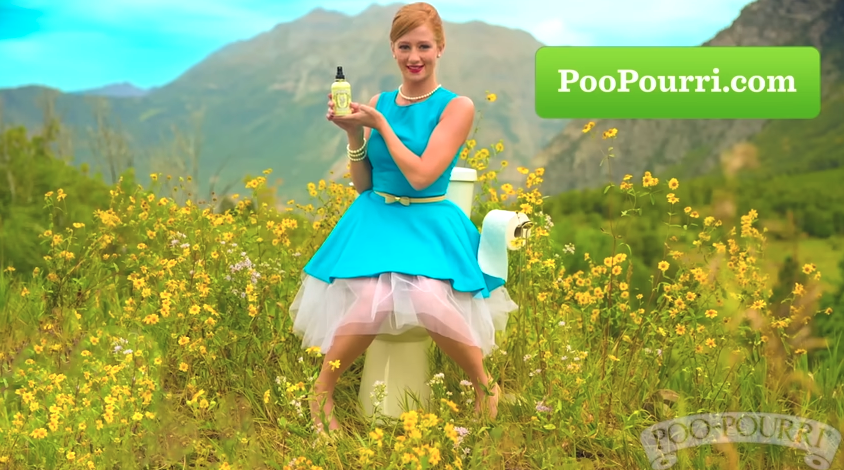 woman sitting on a toilet holding a product with poopourri.com banner on the side
