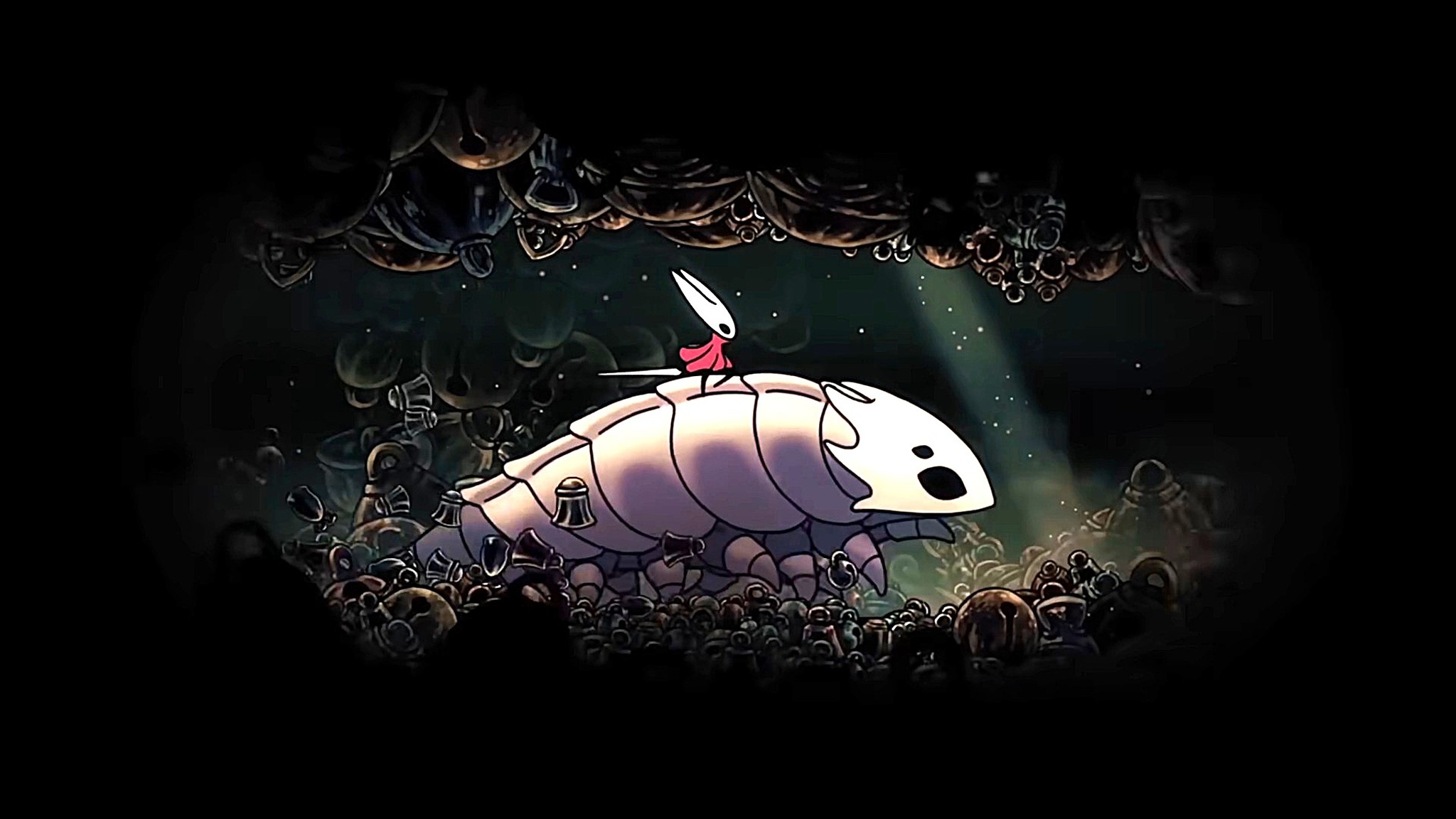 Brightened screenshot of Hornet riding a giant bug underground in Hollow Knight: Silksong