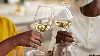 Two glasses of white wine together, couple clinking glasses