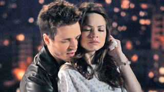 Jonathan Jackson and Rebecca Herbst as Lucky and Elizabeth in a tender moment in General Hospital