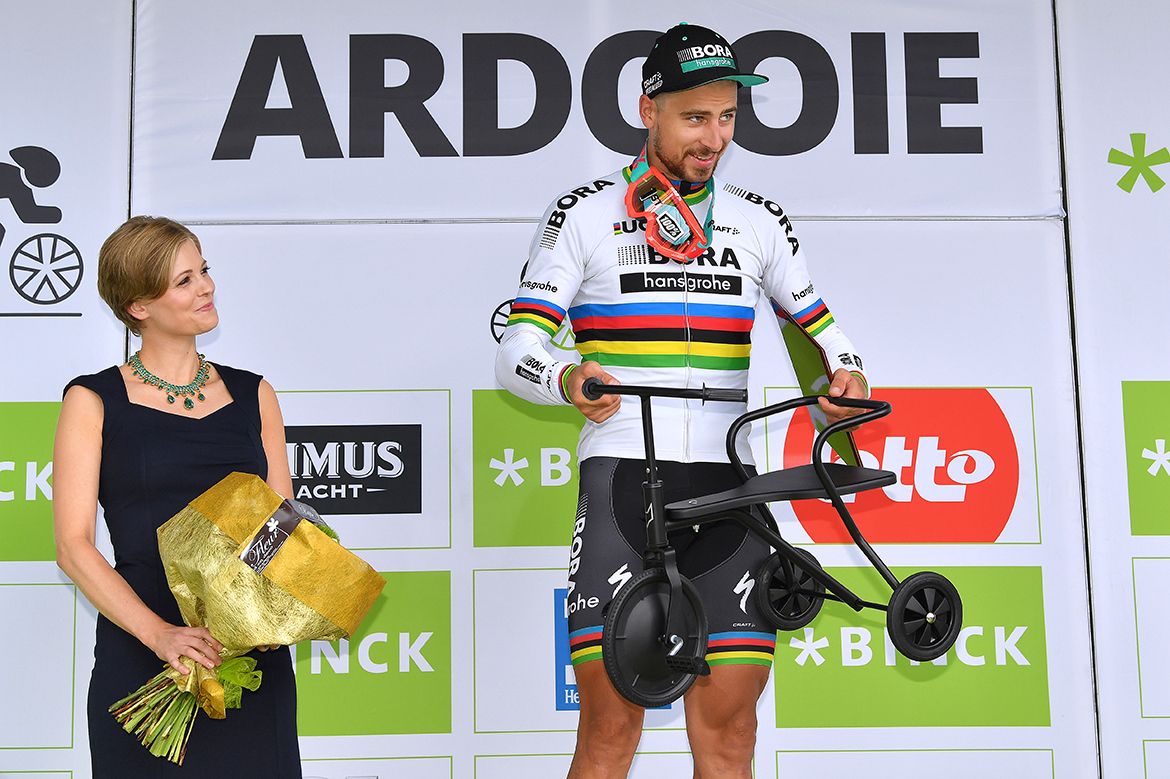 Peter Sagan with just one of the strange prizes on offer at the BinckBank Tour