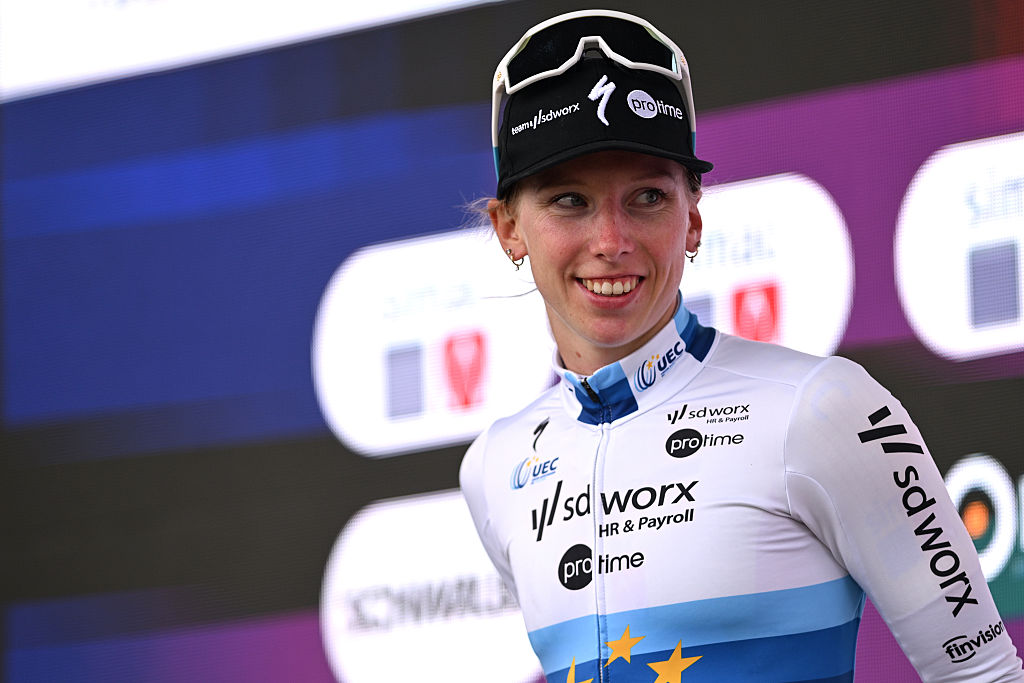 GENNEP, NETHERLANDS - SEPTEMBER 03: Lorena Wiebes of Netherlands and Team SD Worx - Protime celebrates at podium as stage winner during the 27th Simac Ladies Tour 2025, Stage 2 a 124.5km stage from Gennep to Gennep / #UCIWWT / on September 03, 2025 in Gennep, Netherlands. (Photo by Luc Claessen/Getty Images)