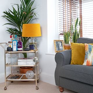 living room with grey sofa