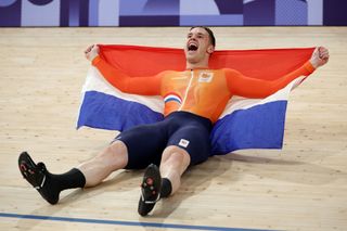 PARIS FRANCE AUGUST 11 Gold medalist Harrie Lavreysen of Team Netherlands celebrates after the Mens Keirin Final on day sixteen of the Olympic Games Paris 2024 at SaintQuentinenYvelines Velodrome on August 11 2024 in Paris France Photo by Jared C TiltonGetty Images