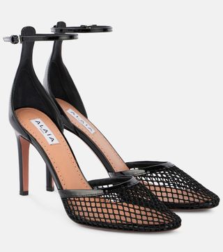 Leather-Trimmed Mesh Pumps