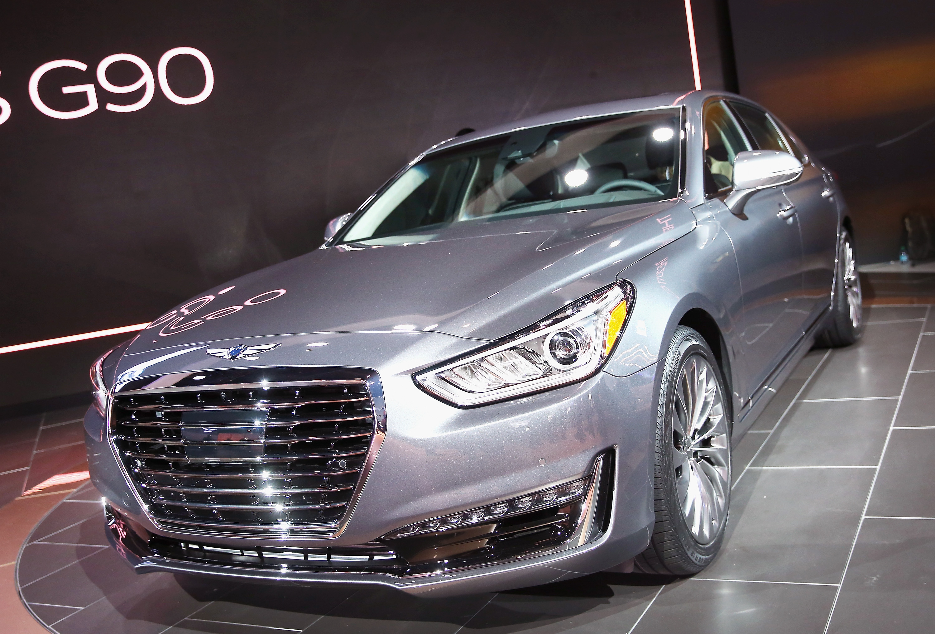 DETROIT, MI - JANUARY 11:Genesis introduces the 2017 G90 at the North American International Auto Show on January 11, 2016 in Detroit, Michigan. Genesis is a luxury brand of The Hyundai Motor