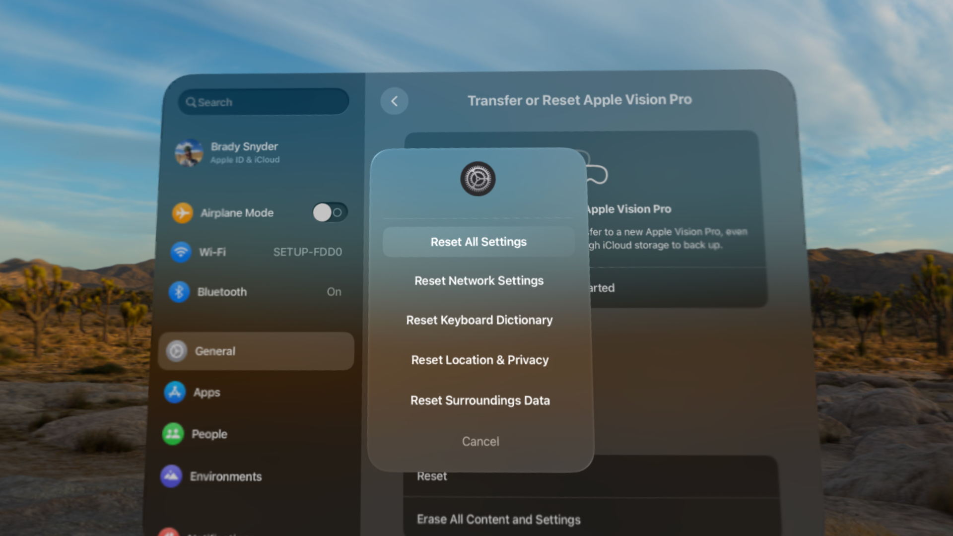 The reset settings option in visionOS.