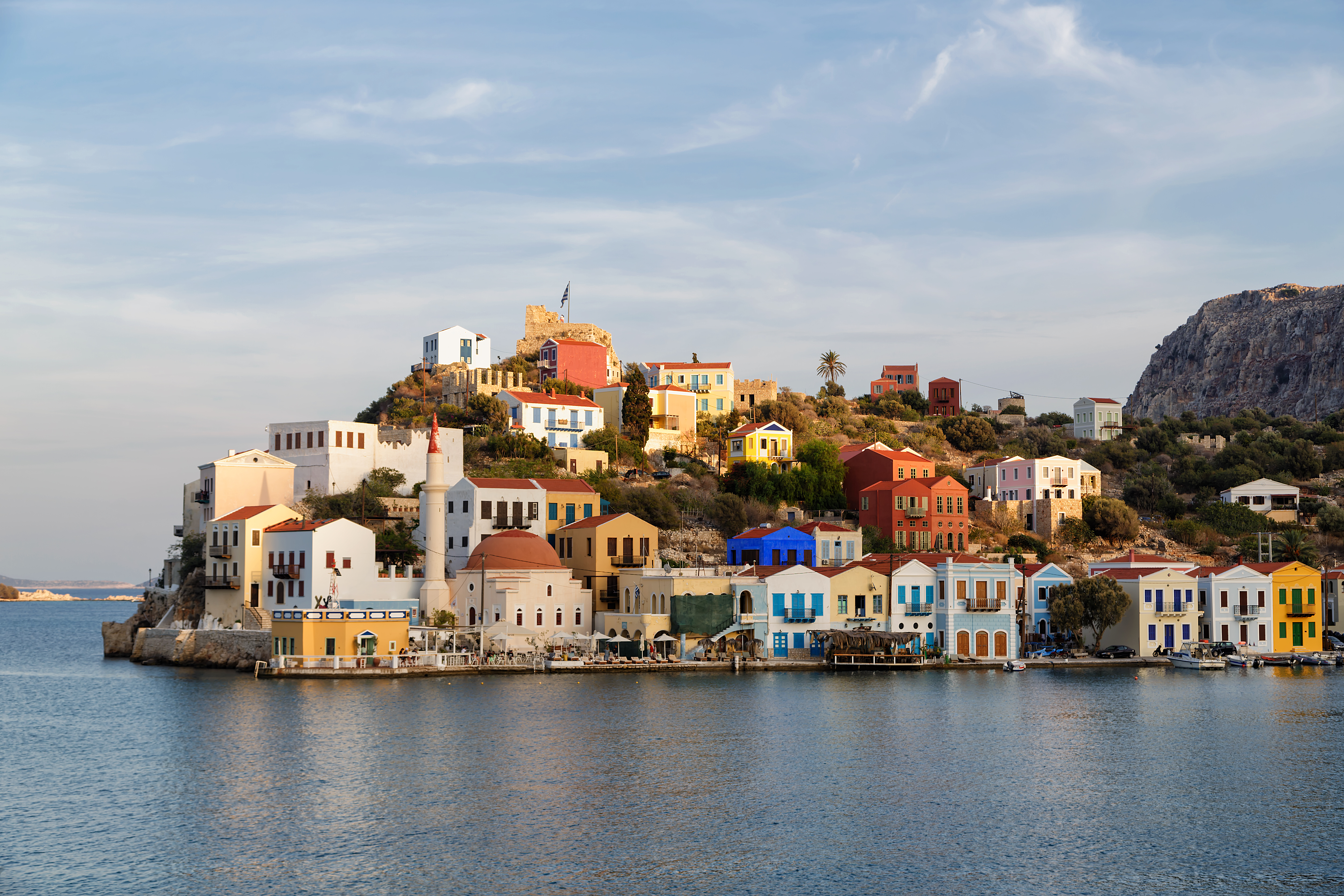 Colorful buildings along the coastline of Kastellorizo, Greece