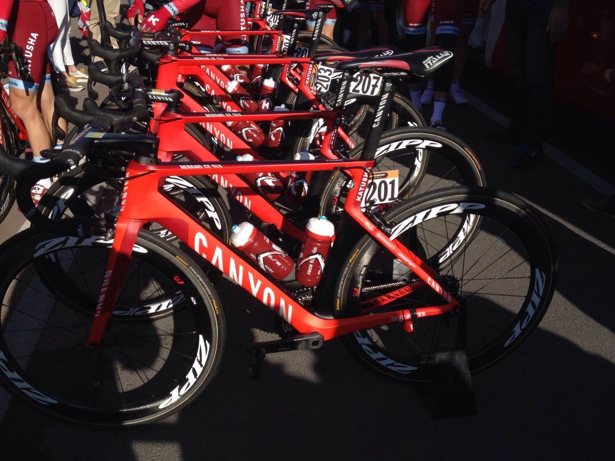 The Katusha's Canyon's soak in the Italian sunshine at the start of Milan-San Remo
