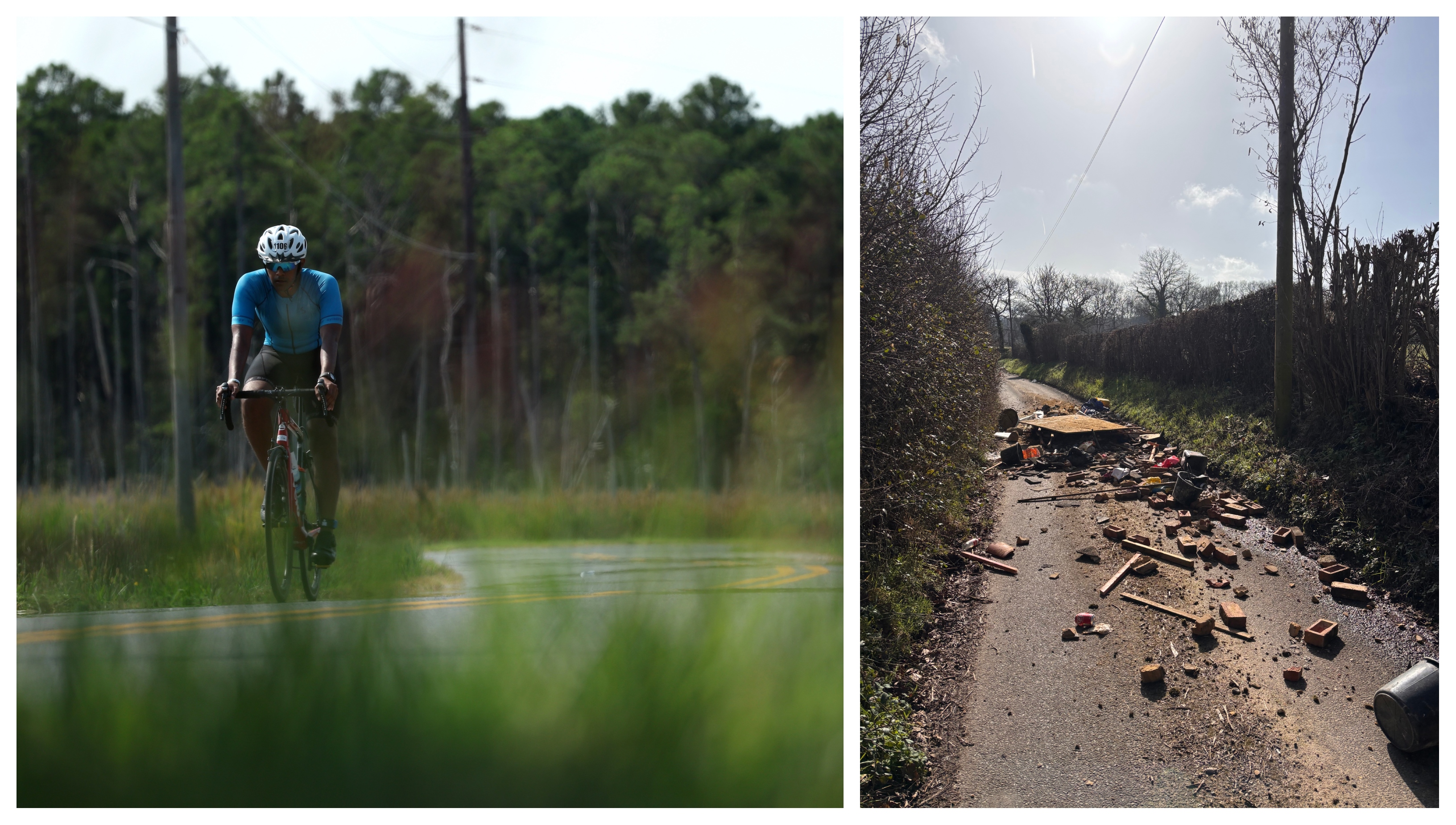 Two images, one showing a road bike rider, one showing fly tipping