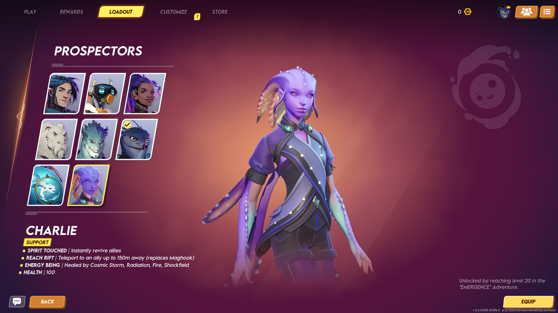 A promotional screenshot of Wildgate. A menu page with new hero Charlie in the middle and a selection of others on the left side.