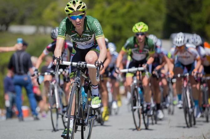 Laura Brown sets a hard pace to soften up the field on the second large climb of the road race course.