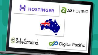 Best web hosting in Australia: Hostinger, A2 Hosting, SiteGround and Digital Pacific logo on a laptop with an Australian map in the middle