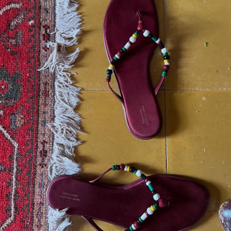 A pair of beaded flip-flops from Courtney Grow's collaboration with Reformation.