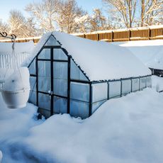 A greenhouse surrounded by deep snow