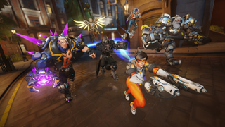 Tracer, Mercy, and other Overwatch 2 heroes charge into battle in a screenshot for Season 15.