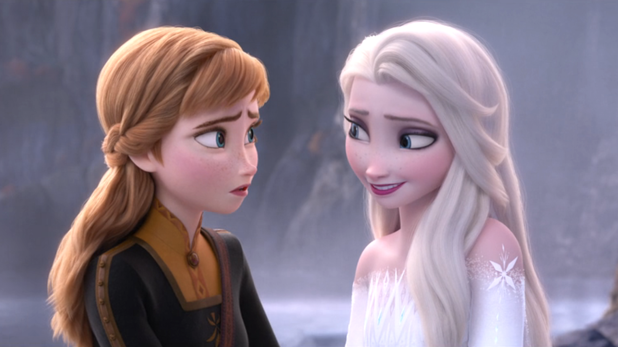 Anna and Elsa looking at each other at the end of Frozen II