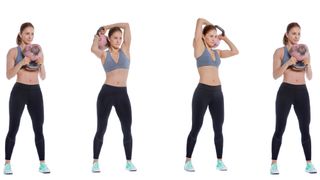 Four images of the same woman on a white background demonstrating different positions of the kettlebell halo. Start and end position involves holding kettlebell upside down by sides of the handle in front of the chest. Step two involves moving the kettlebell backward past one side of the head, step three involves bringing it forward past the other side of the head.