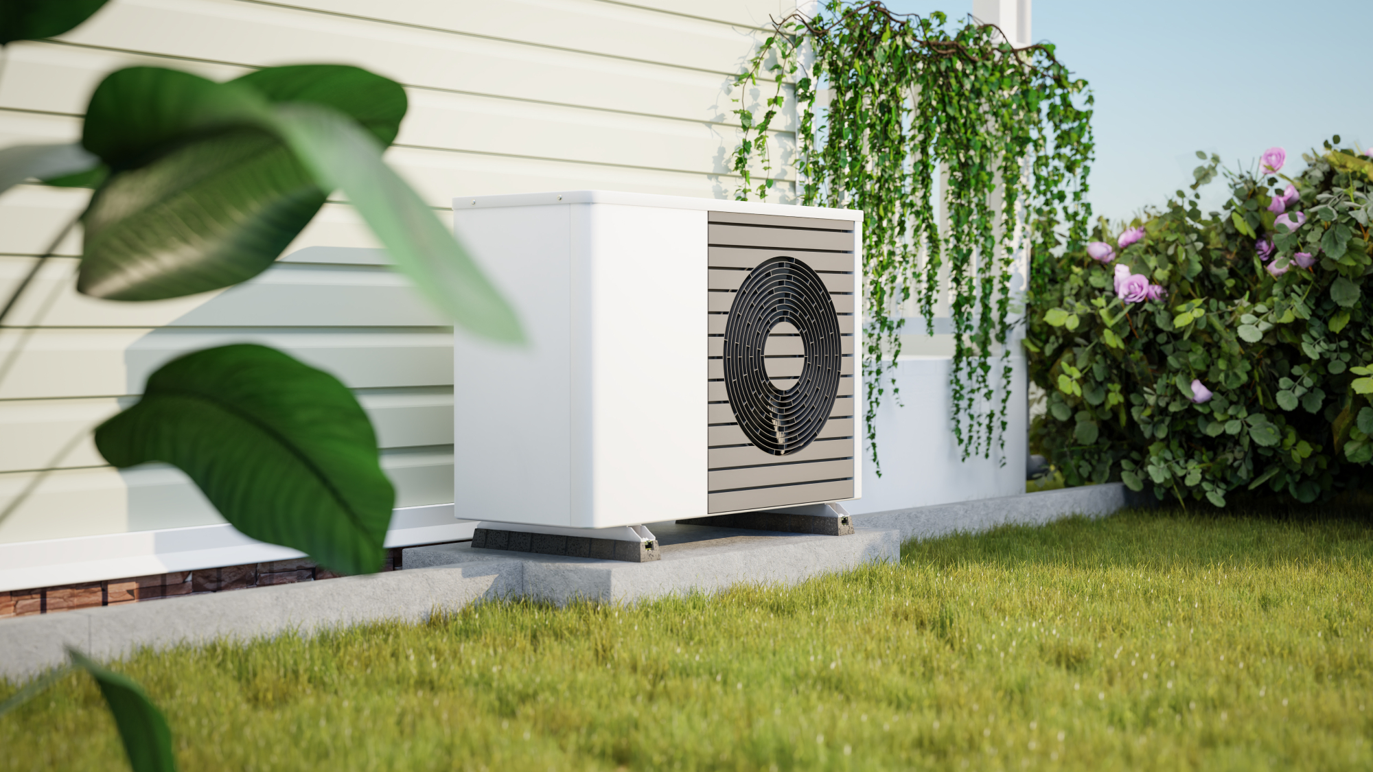 3d render of heat pump on external wall of white weatherboard cladded house with lawn and gardens in view