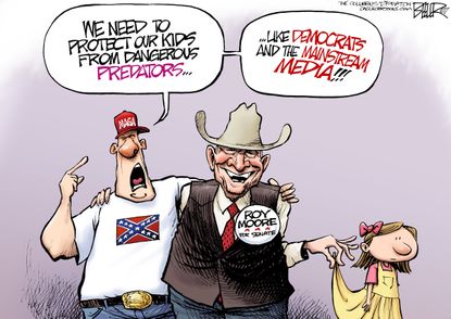 Political cartoon U.S. mass shootings media sexual harassment Roy Moore