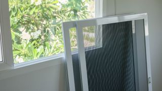 Window screens ready to be placed in windows