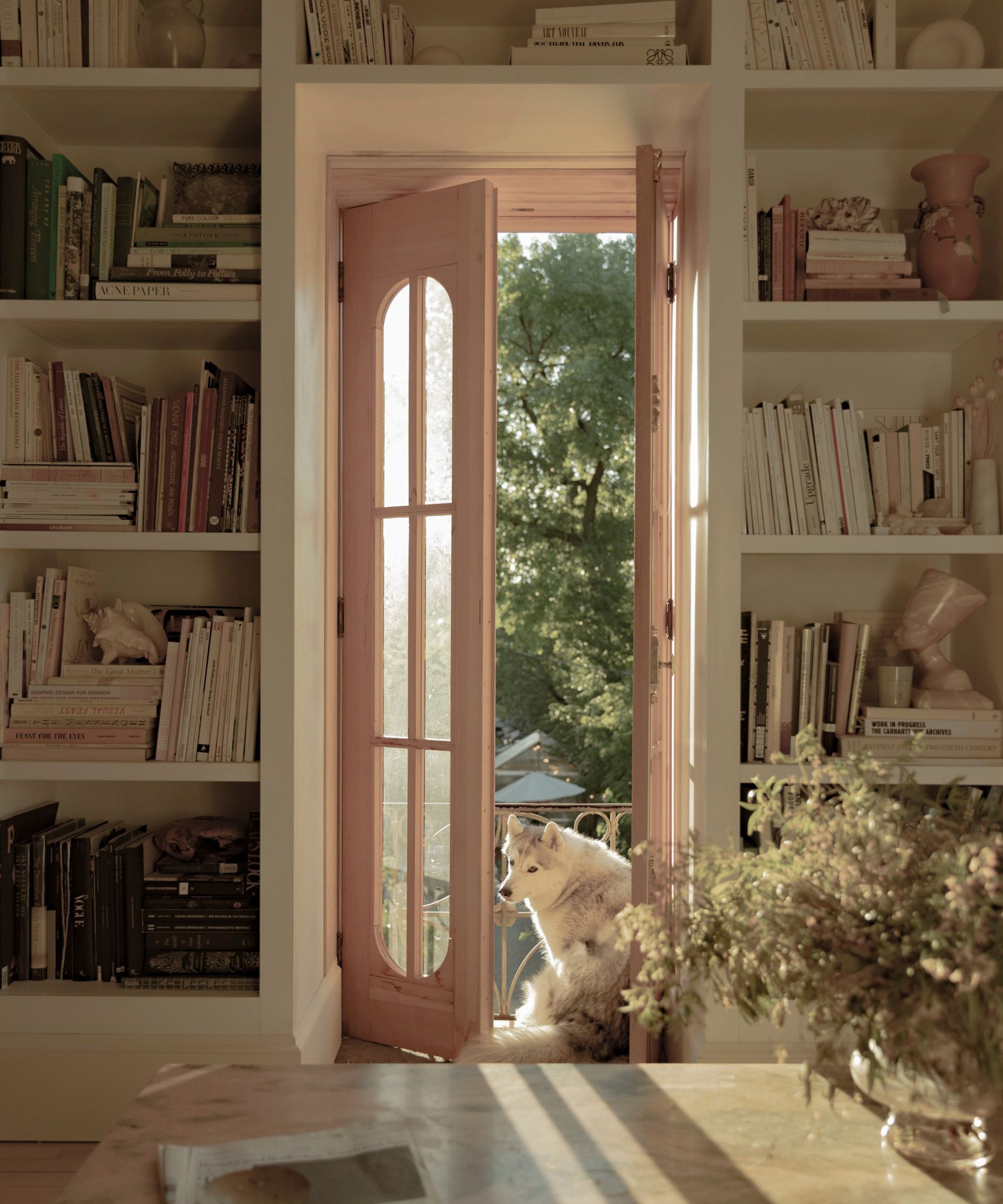 a juliet balcony off of a living and office area with bookcases around a pair of pink painted french doors