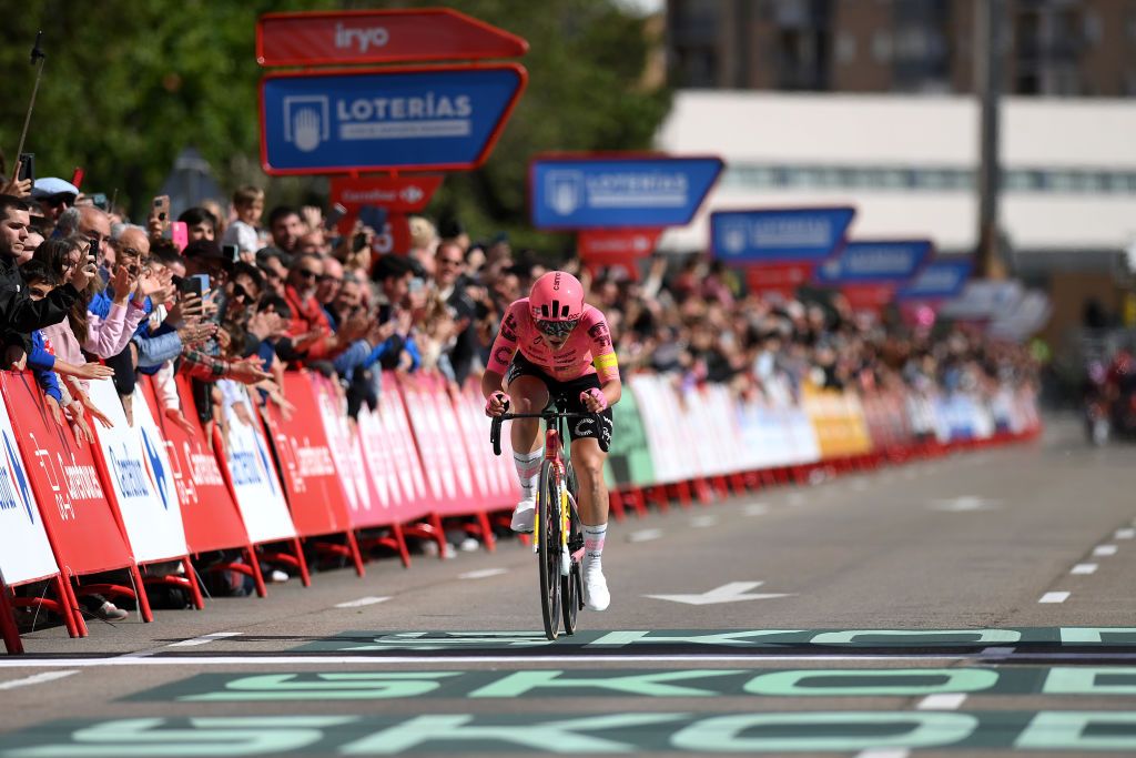 ZARAGOZA SPAIN MAY 01 Kristen Faulkner of The United States and Team EF EducationCannondale sprints at finish line as stage winner during the 10th La Vuelta Femenina 2024 Stage 4 a 1423km stage from Molina de Aragon to Zaragoza UCIWWT on May 01 2024 in Zaragoza Spain Photo by Alex BroadwayGetty Images