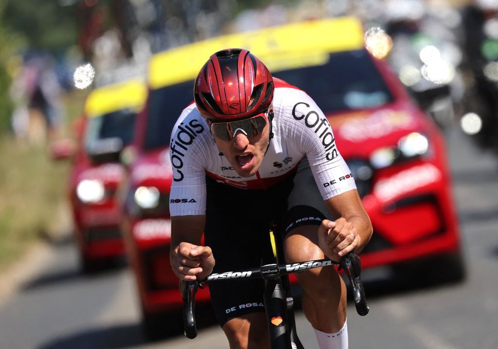 Cofidis teams French rider Anthony Perez cycles in a breakaway during the 4th stage of the 109th edition of the Tour de France cycling race 1715 km between Dunkirk and Calais in northern France on July 5 2022 Photo by Thomas SAMSON AFP Photo by THOMAS SAMSONAFP via Getty Images