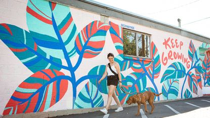 A woman and her dog walk in front of a colorful mural in Salt Lake City