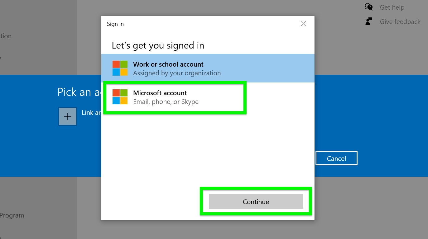 Windows 10 new start menu how to - Select your type of account and click Continue