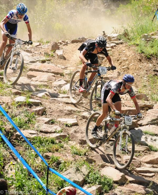 Russell Finsterwald (Subaru Trek) is forced to take a risky descent to pass lapped riders near the finish