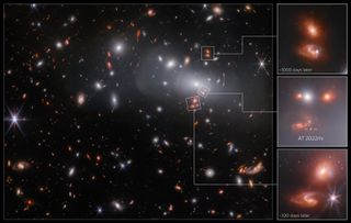 The same galaxy is seen three times in its lifetime due to a gravitational lens of a foreground galaxy seen by the James Webb Space Telescope