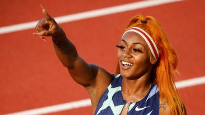 EUGENE, OREGON - JUNE 19: Sha&#039;Carri Richardson reacts after competing in the Women&#039;s 100 Meter Semi-finals on day 2 of the 2020 U.S. Olympic Track &amp; Field Team Trials at Hayward Field on June 19, 2021 in Eugene, Oregon. (Photo by Cliff Hawkins/Getty Images)