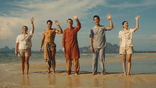 Morgana O'Reilly, Arnas Fedaravičius, Christian Friedel, Dom Hetrakul, Lalisa Manobal in 'The White Lotus' season 3 waving on the beach