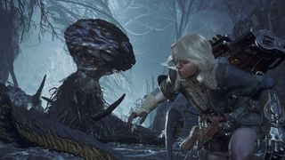 Promotional screenshot of a Tempered Xu Wu in Monster Hunter Wilds