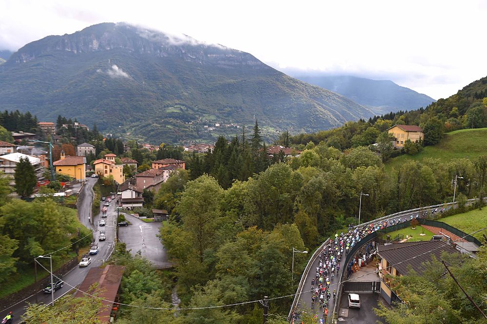 The peloton racing at the Tour of Lombardy