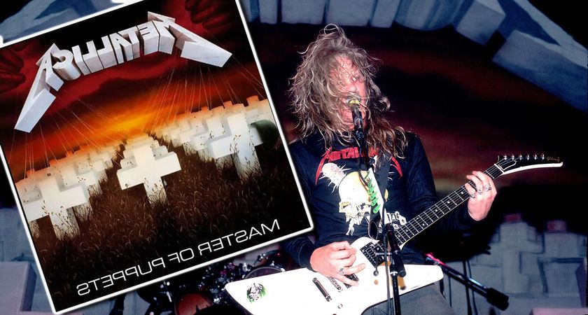 James Hetfield plays his white Gibson Explorer live with Metallica in 1986. He wears a black Metallica longsleeve.