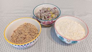 Three bowls of food that have been chopped in the KitchenAid food chopper