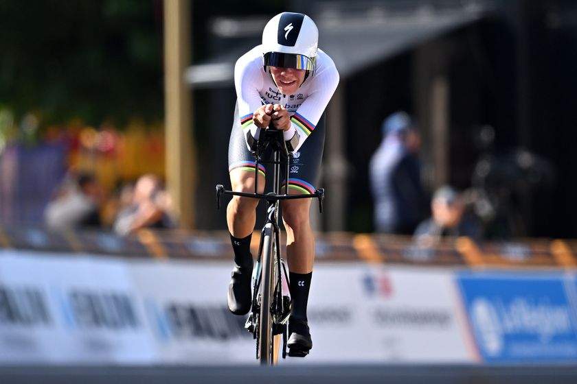 ETOILE-SUR-RHONE, FRANCE - OCTOBER 01: Michiel Mouris and Team Netherlands crosses the finish line during the 31st UEC Road Cycling European Championships 2025 - Men&#039;s U19 Individual Time Trial a 24km race from Loriol-sur-Rhone to Etoile-sur-Rhone on October 01, 2025 in Etoile-sur-Rhone, France. (Photo by Billy Ceusters/Getty Images)