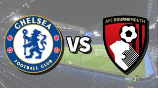 The Chelsea and AFC Bournemouth club badges on top of a photo of Stamford Bridge in London, England