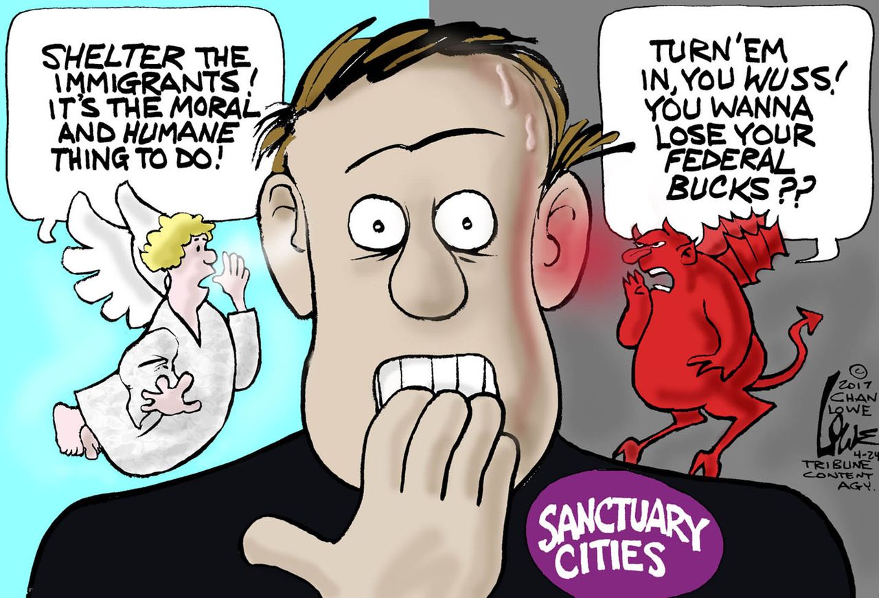 Political Cartoon U.S. Sanctuary city debate undocumented immigrants