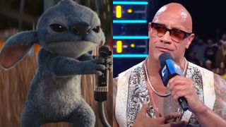Stitch aims a soda gun in Lilo & Stitch, pictured next to Dwayne Johnson doing crowd work for the WWE.