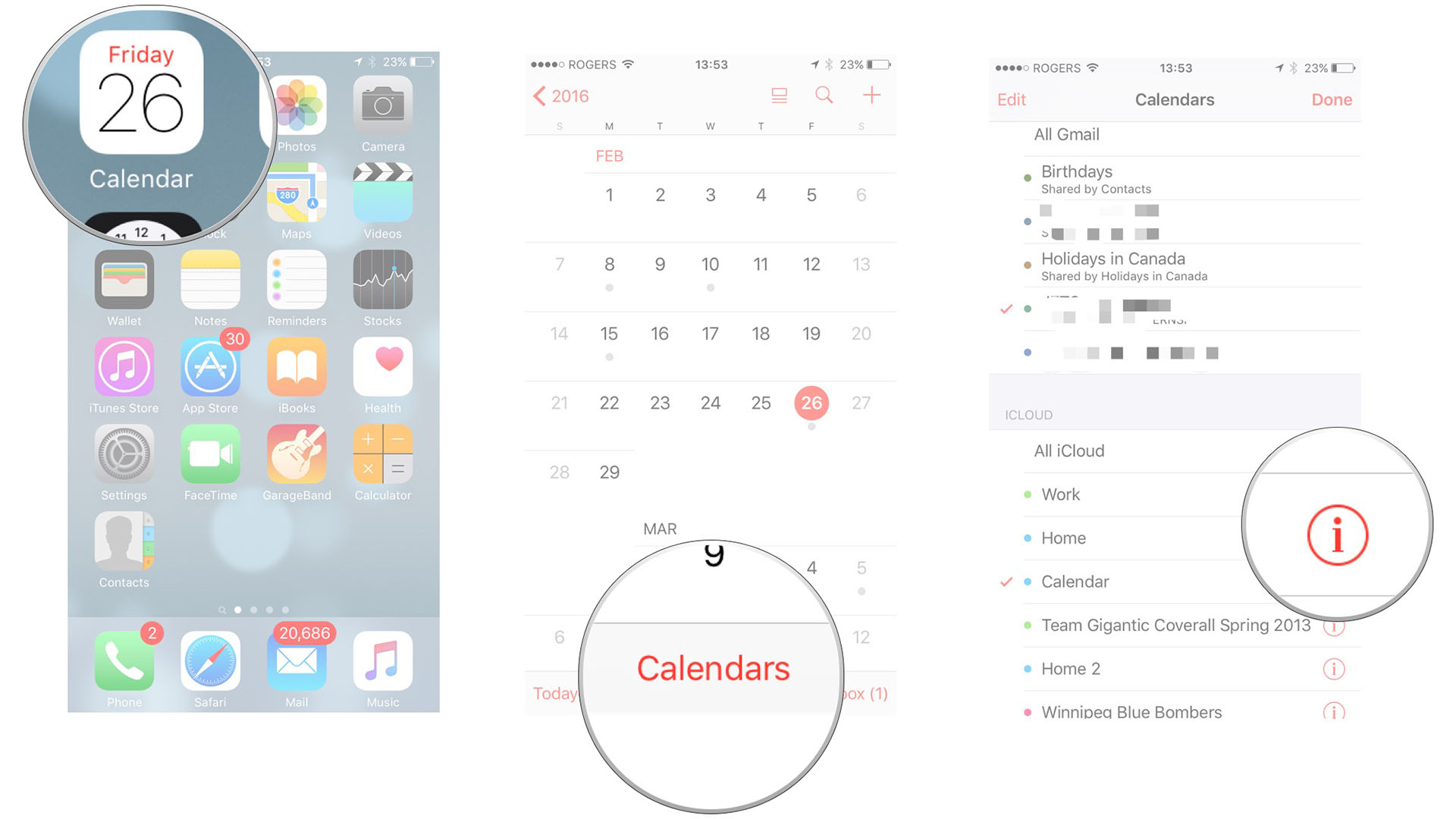 Share an iCloud calendar on iPhone and iPad by showing: Open the Calendar app, tap the calendars button, then tap the info button